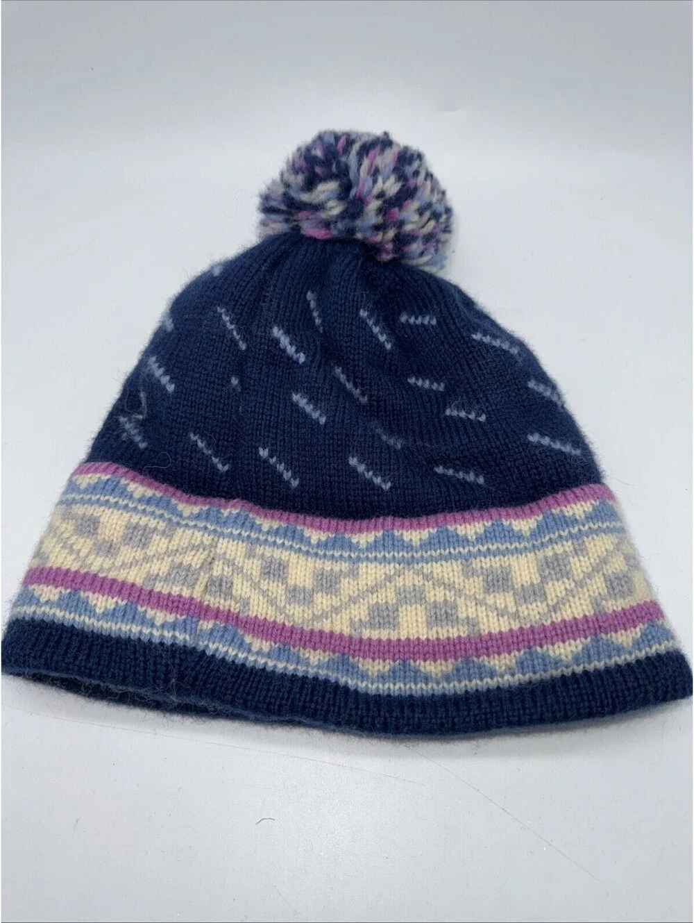Mountain Ladies and Ewe Navy Purple Pom Pom Sk Hat Wool Made in Vermont Vintage